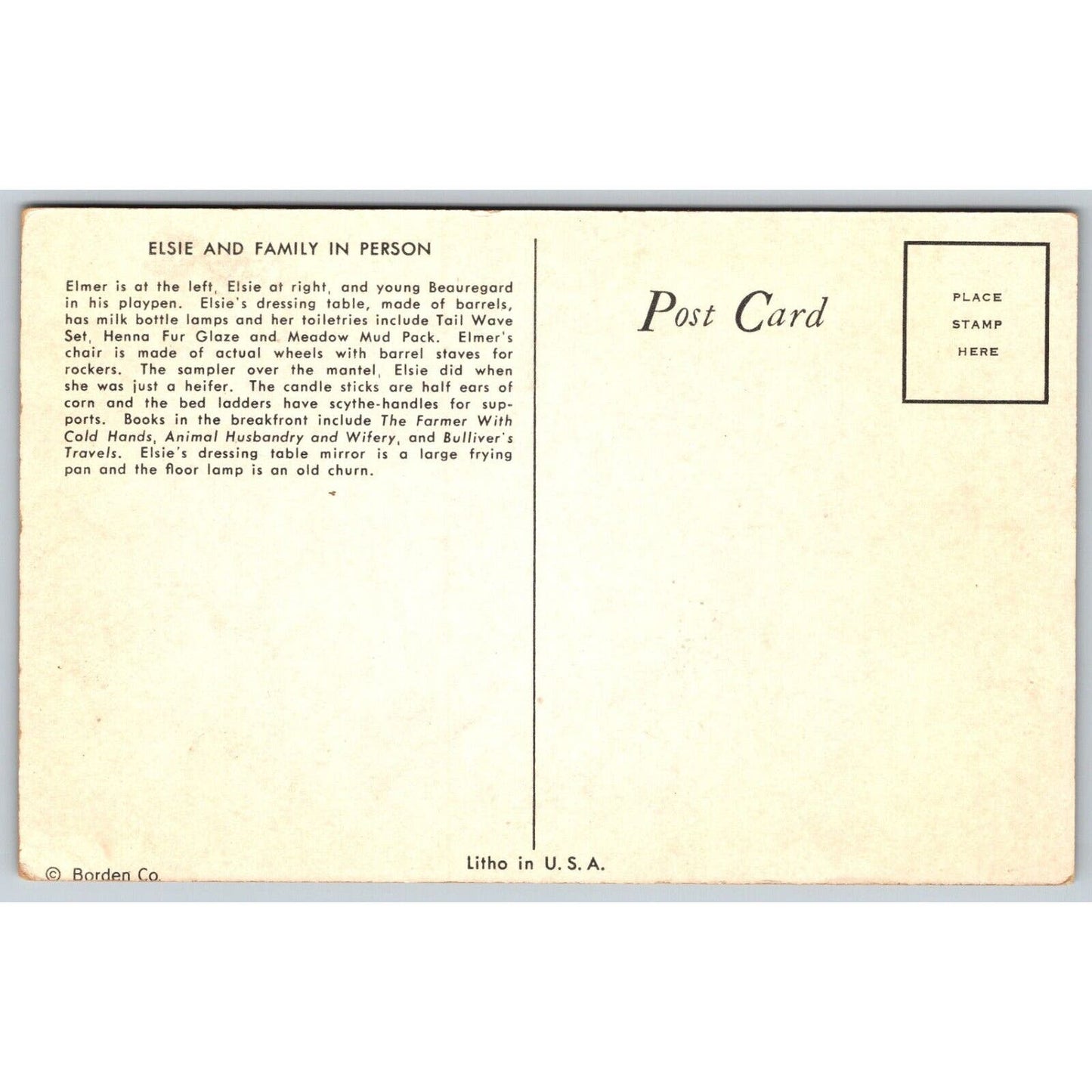 Borden's Elsie, Elmer and Beauregard Living Room Advertising Postcard VGC