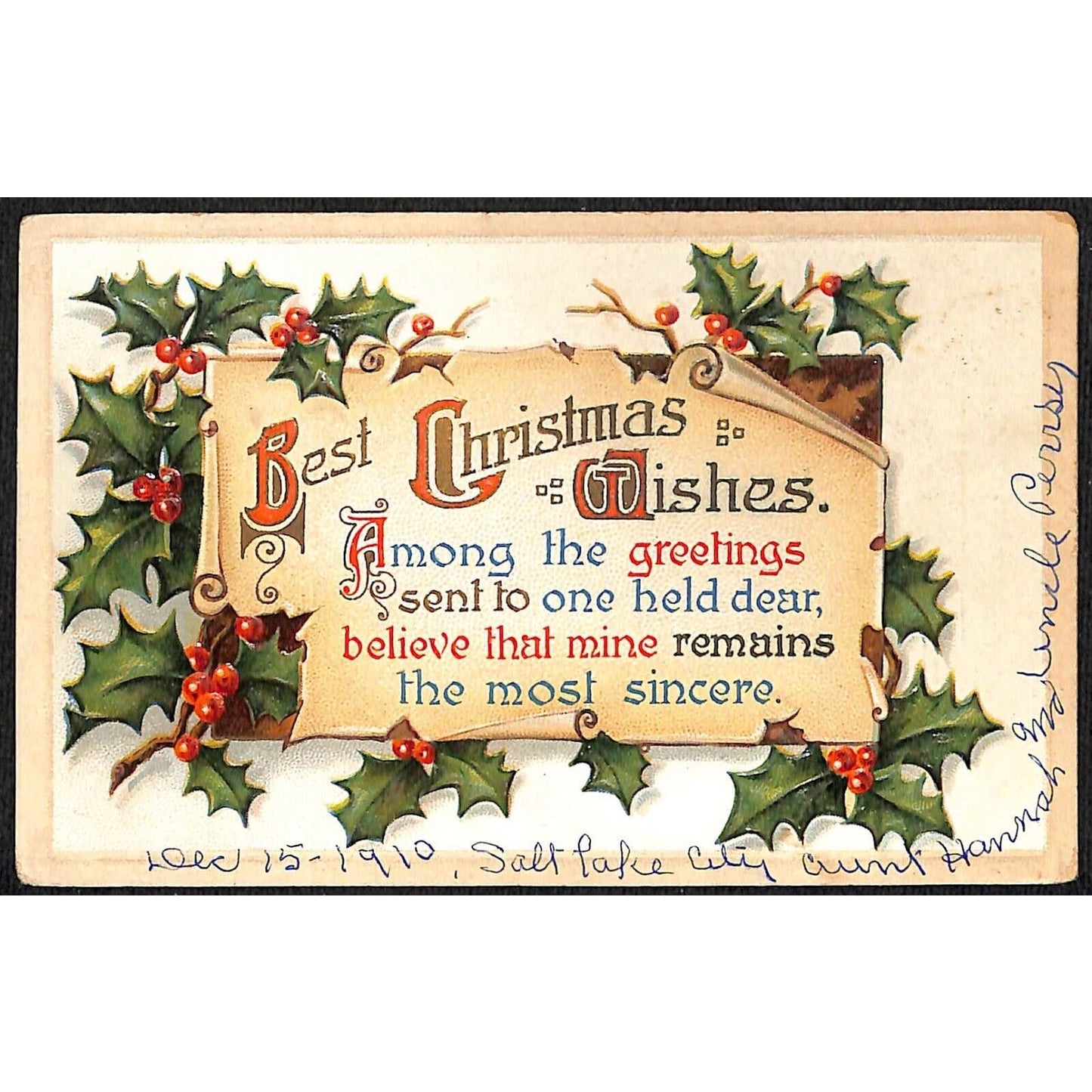 Christmas Postcard "Best Wishes" Holly Embossed Parchment 1910