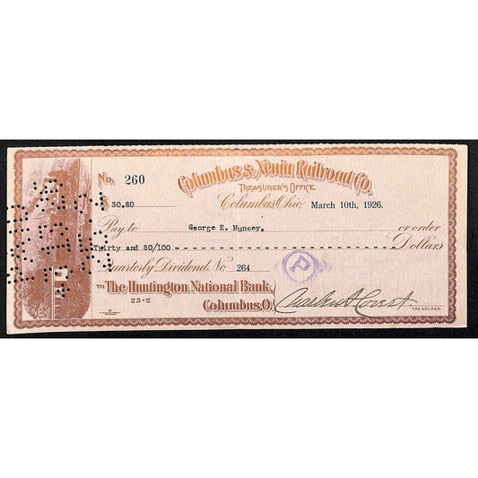 1920 Columbus & Xenia Railroad Bank Check Ohio #260 Gold Colored Ink