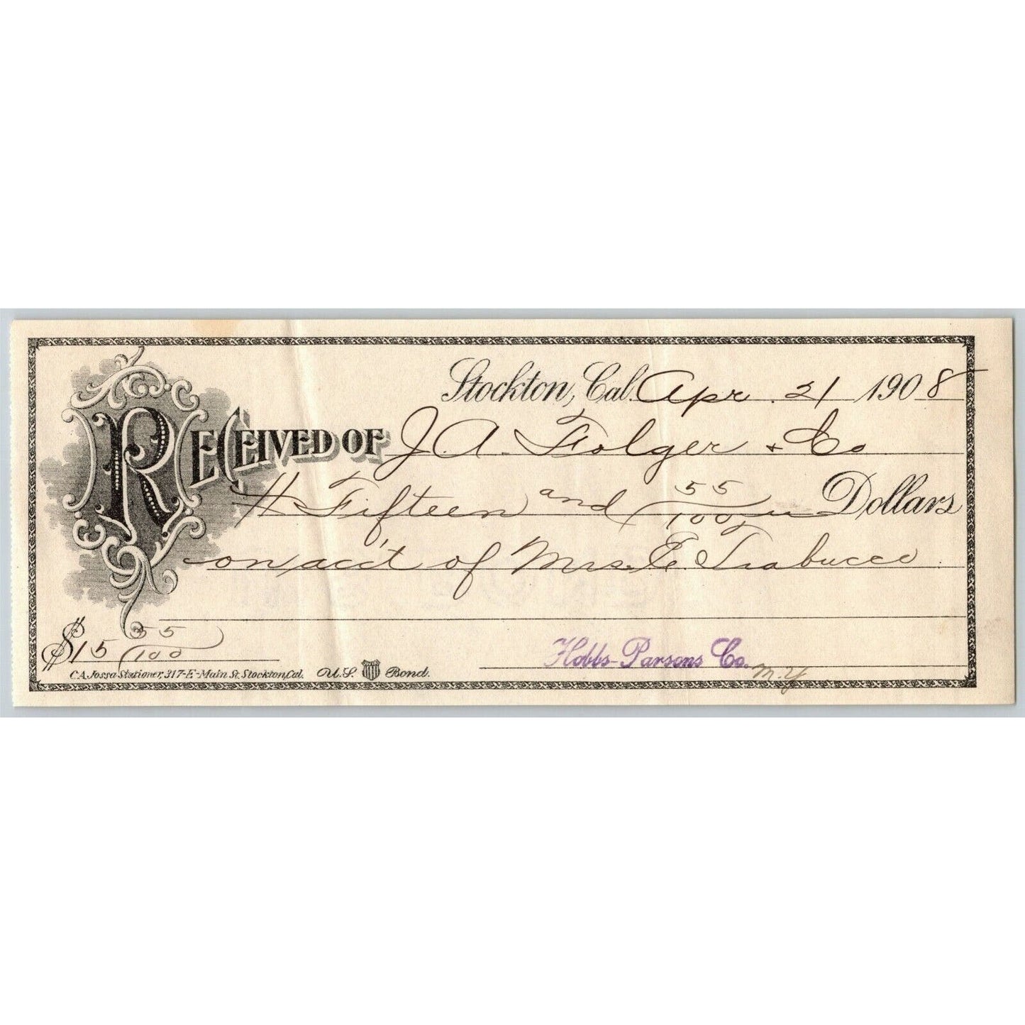1908 Rcvd Receipt From Hobbs Parsons (Produce) to J. A. Folger (Coffee) Stockton