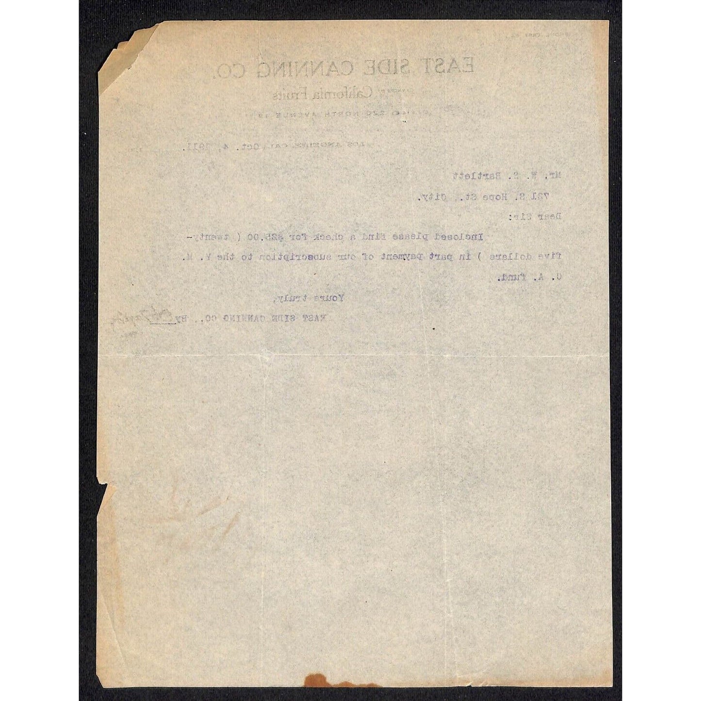 East Side Canning California Fruits Los Angeles 1911 Letterhead re: $25 Check