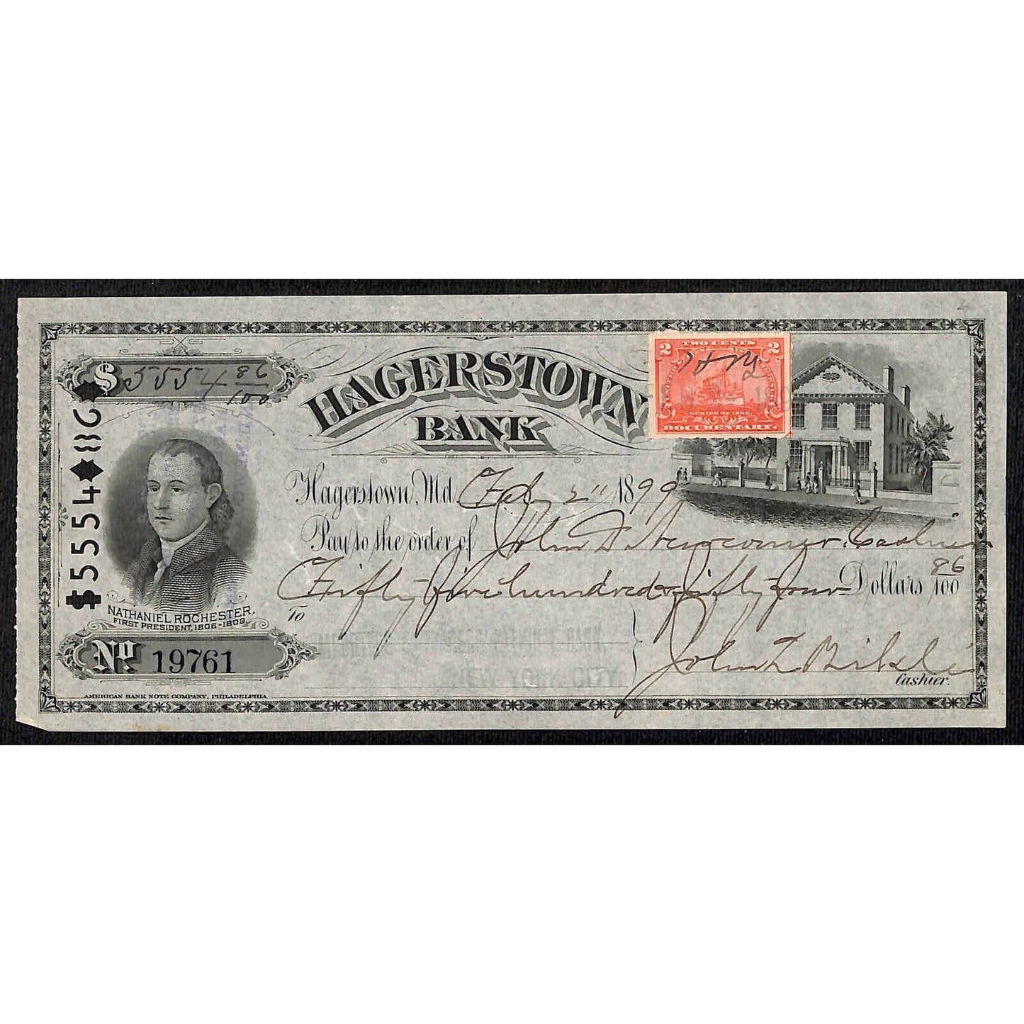 Hagerstown Bank Check 1899 w/ Rev. Stamps Nathaniel Rochester Portrait Vignette
