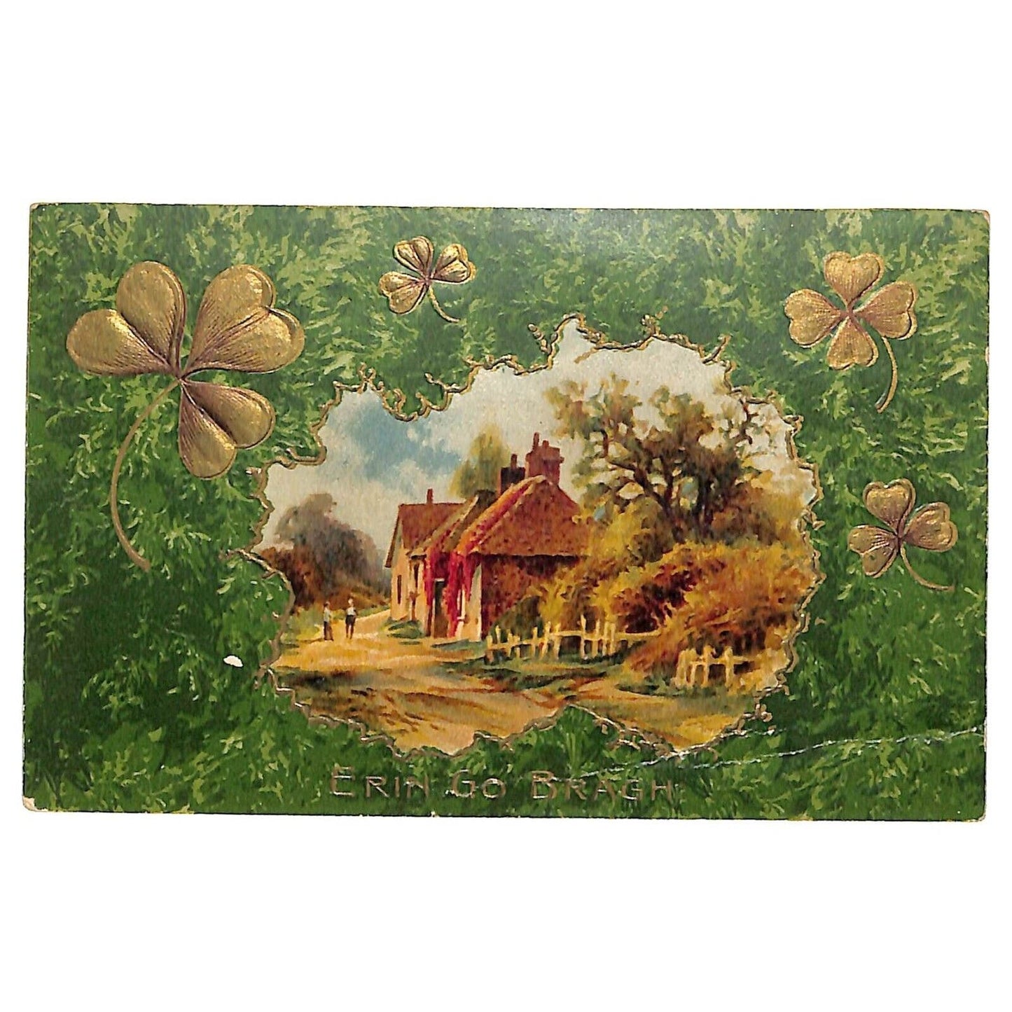 Irish Postcard Erin Go Bragh Village Home Scene Gilt Clovers Emb. PM 1909
