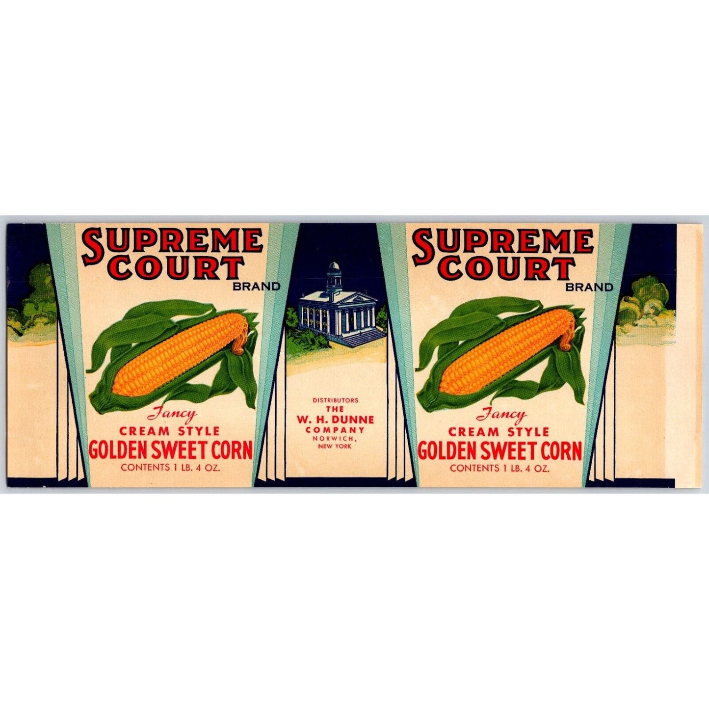 Supreme Court Golden Sweet Corn Paper Can Label W.H. Dunne Norwich, NY c1930's
