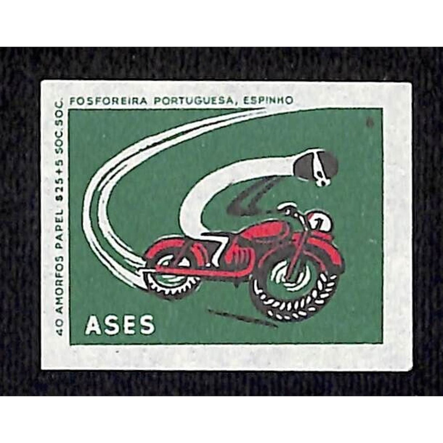 Vintage Matchbox Label Portuguese Match Stick Riding Motorcycle c1960