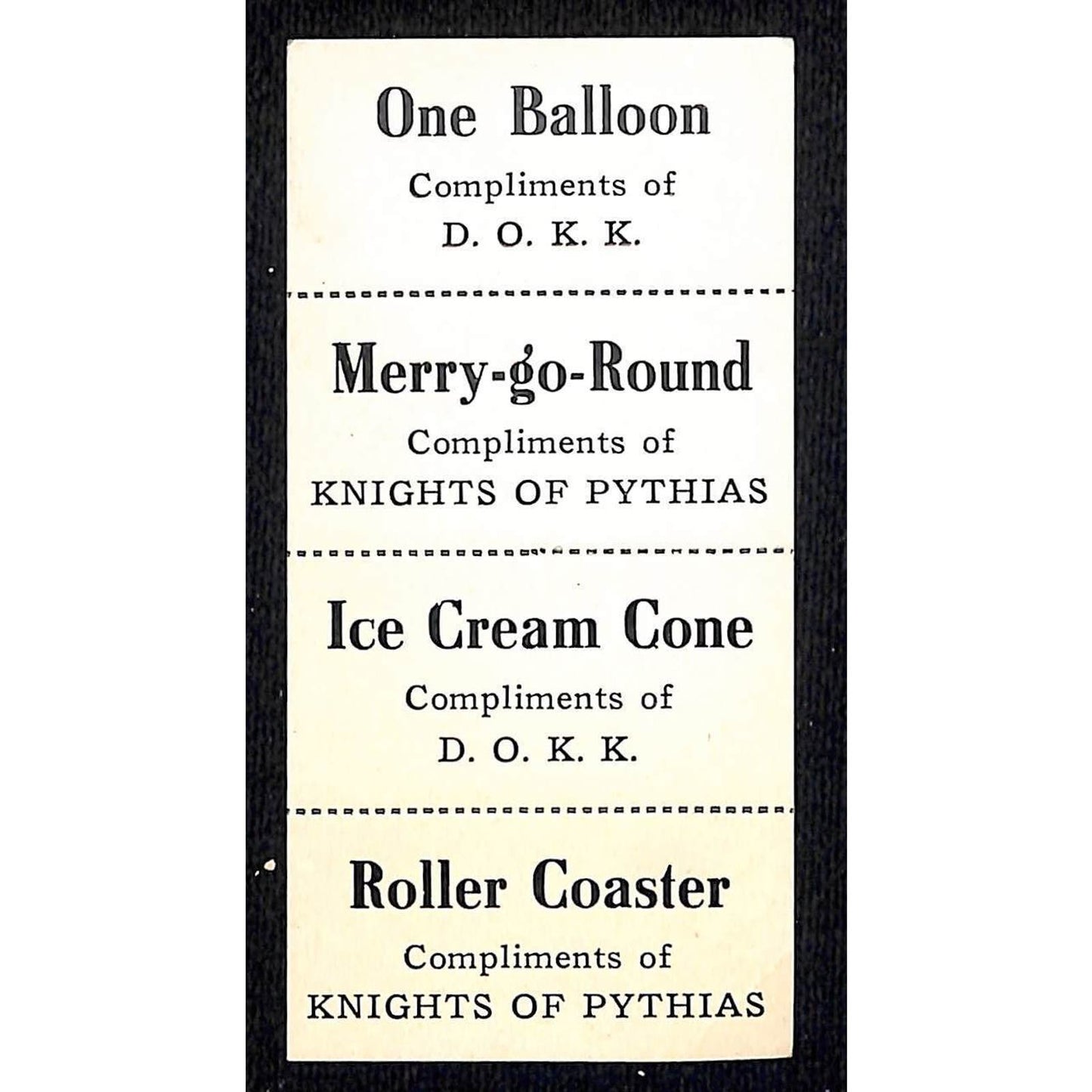Merry-go Round Roller Coaster Balloon Fair Tickets Pythias D.O.K.K c1940's VGC