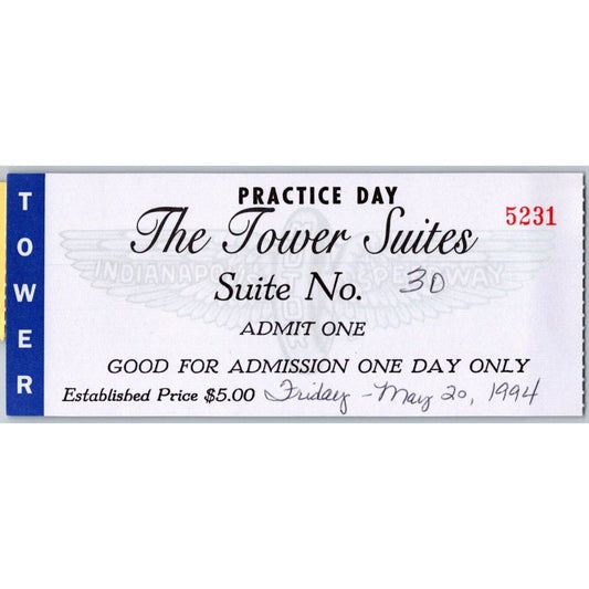 1994 Indy 500 Tower Suite Practice Day Ticket Stub Indianapolis #5231
