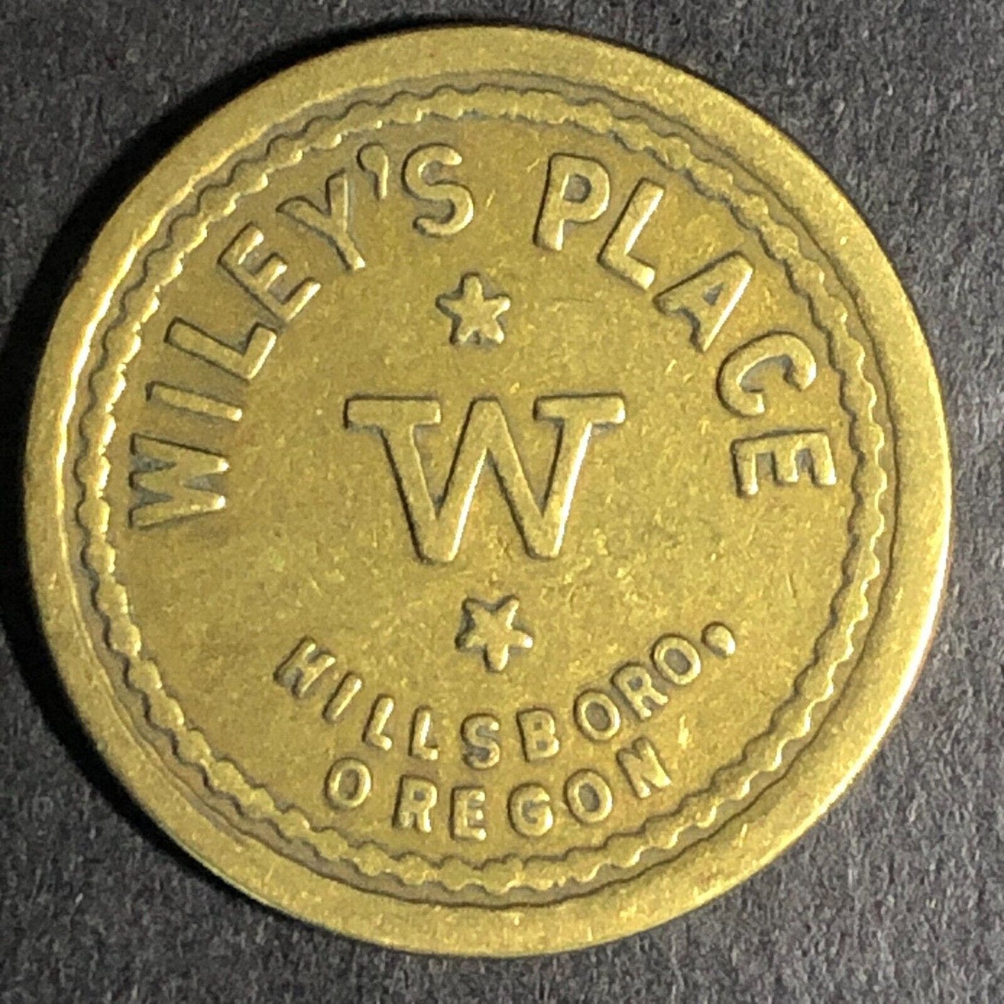 Wiley's Place Hillsboro Oregon G/F 5c Brass Trade Token - "W" 22mm