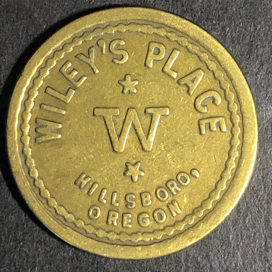 Wiley's Place Hillsboro Oregon G/F 5c Brass Trade Token - "W" 22mm