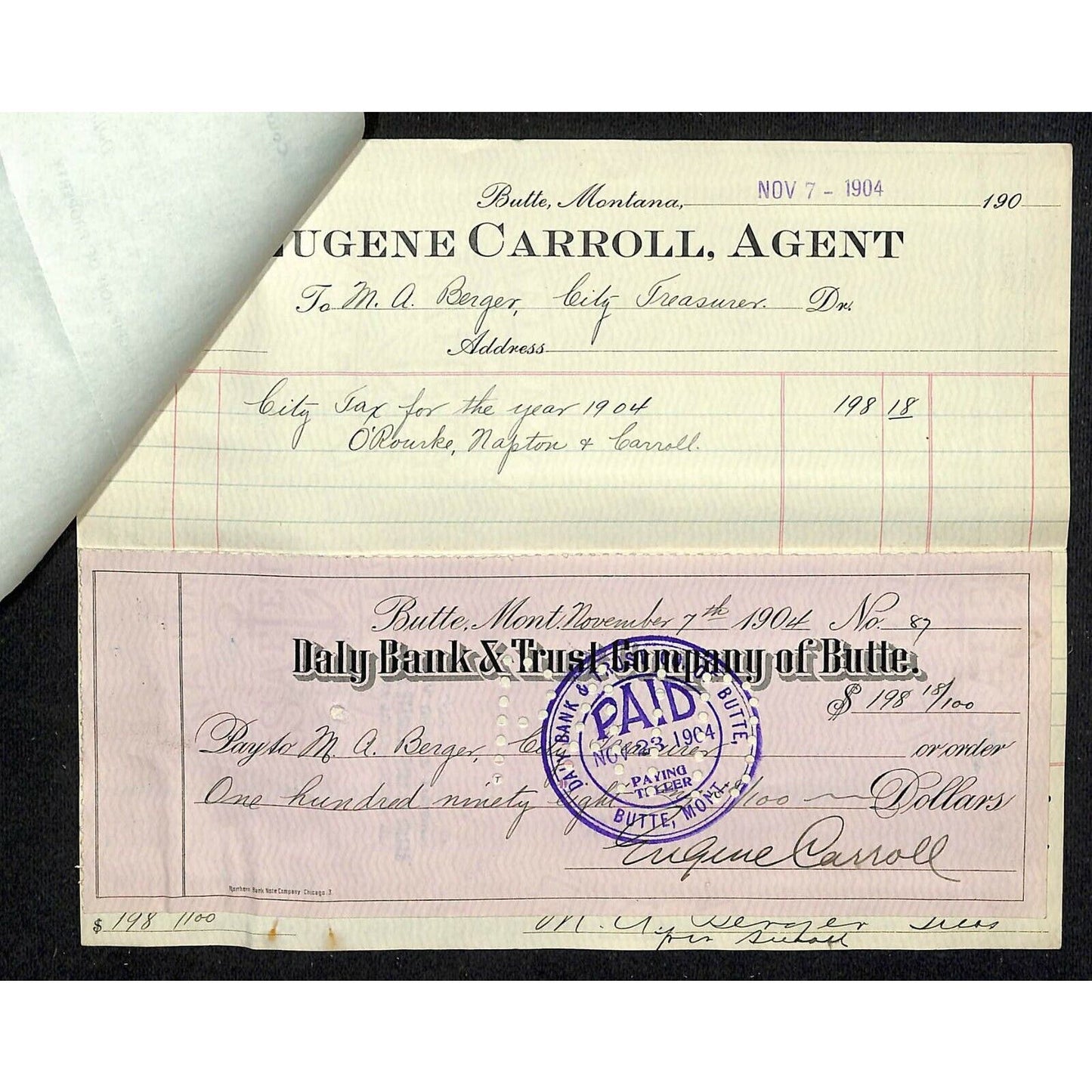 1904 Check Daly Bank Trust of Butte, MT Eugene Carroll - Silver Bow Tax Receipt