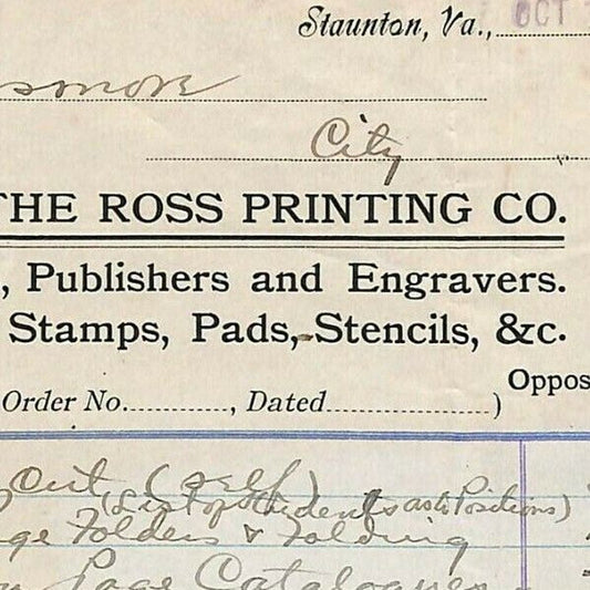 1906 Scarce Ross Printing Co. Letterhead Billhead Staunton, VA