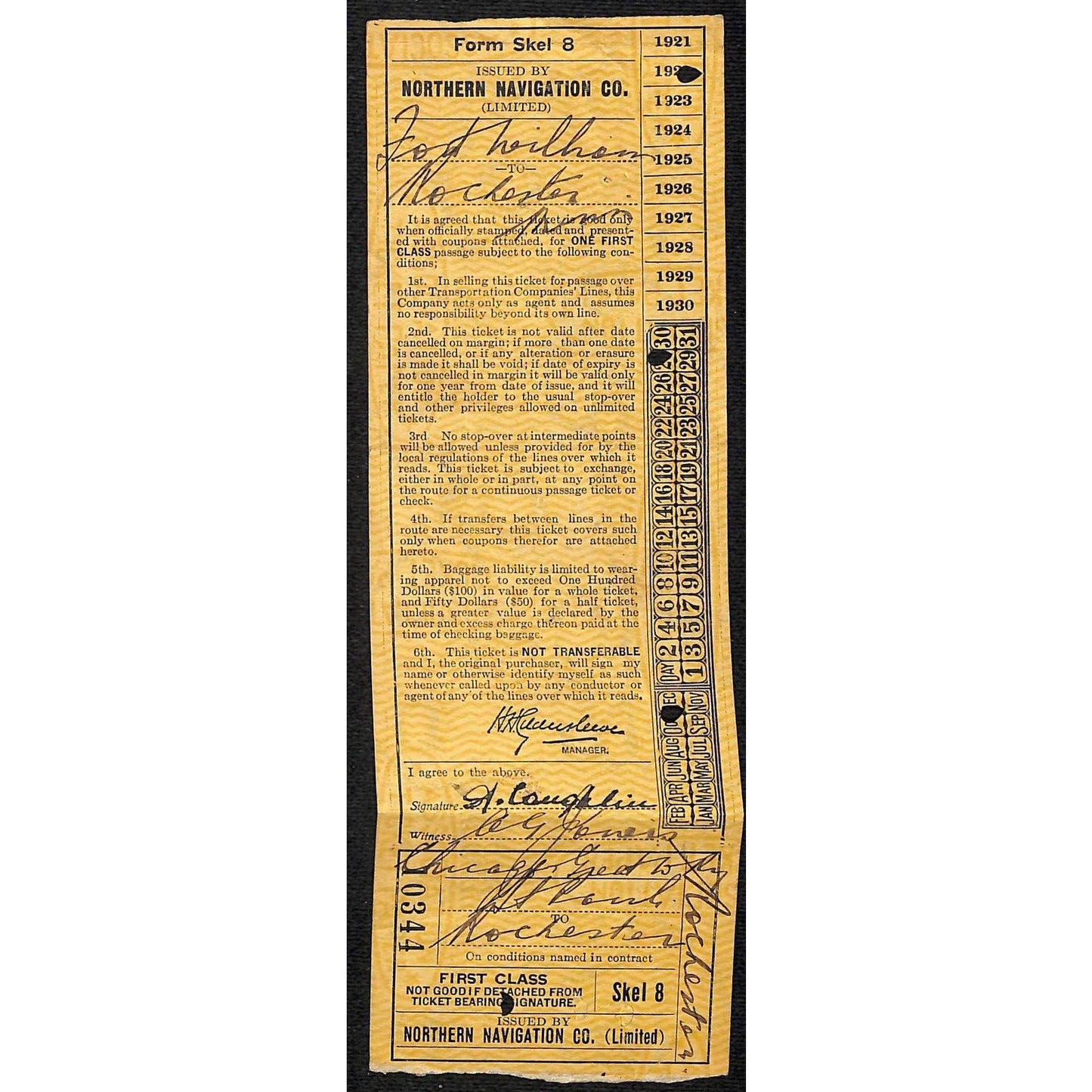 1922 Northern Navigation Co. / CGW Fort William / Rochester, MINN Ticket