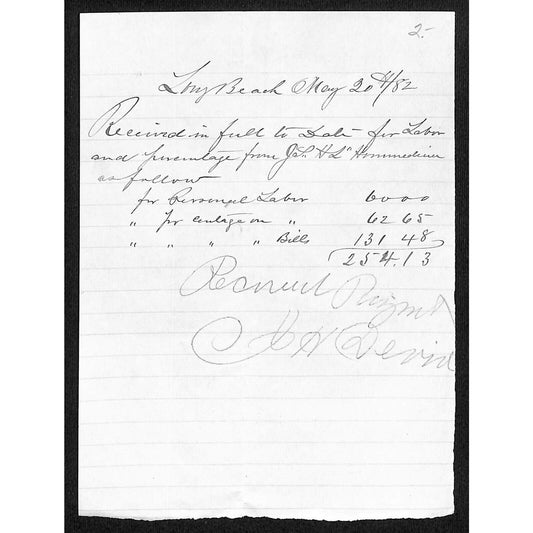1882 Long Beach, NY Hand Written & Signed Receipt for $254.13 incl. Labor Scarce
