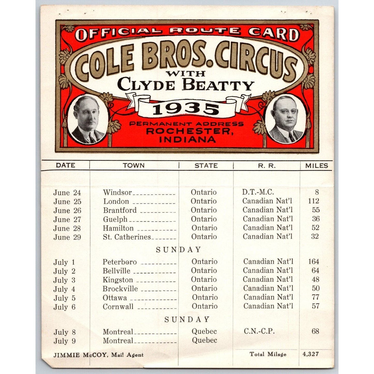 1935 Cole Bros with Clyde Beatty Circus Route Card w/ Ontario & Montreal Stops
