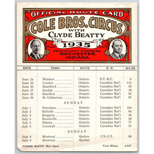 1935 Cole Bros with Clyde Beatty Circus Route Card w/ Ontario & Montreal Stops