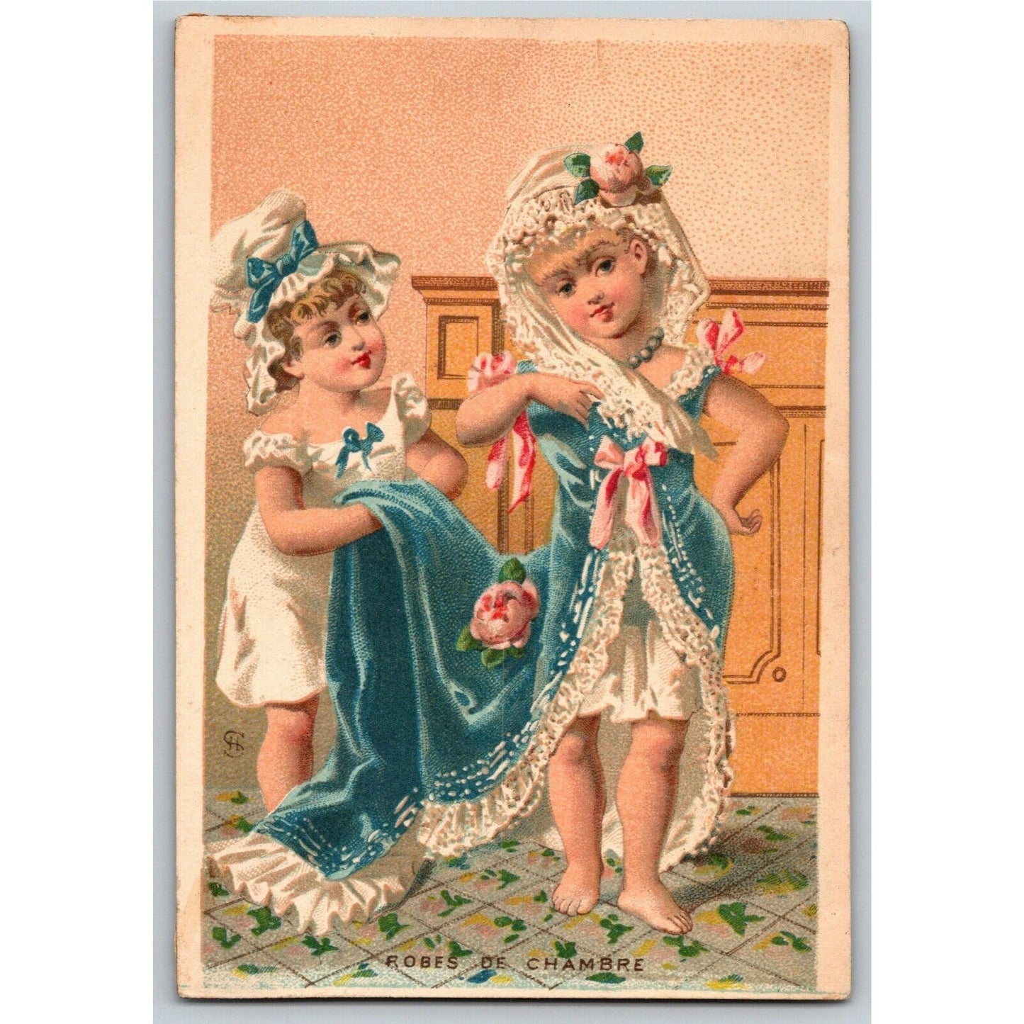 French Victorian Trade Card - 1889 Exposition Universelle - 2 Girls w/ Dress
