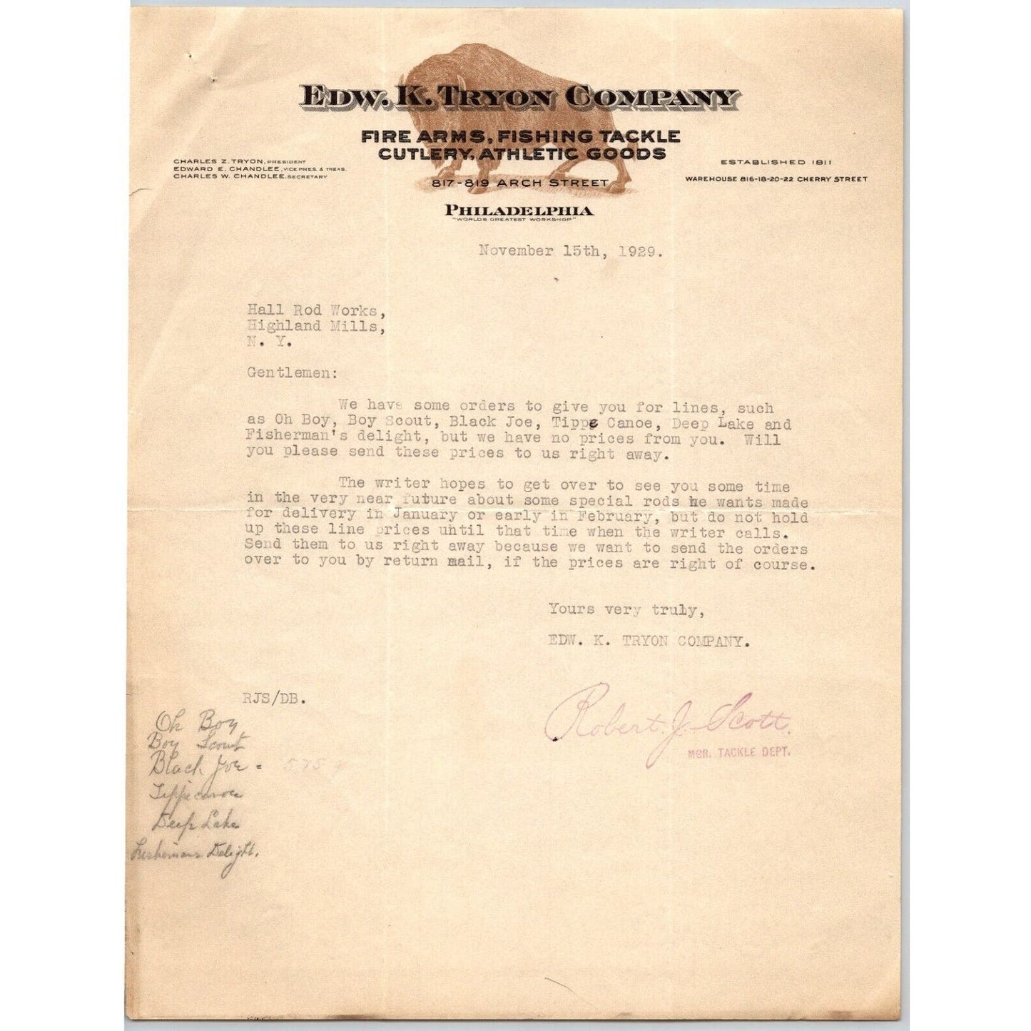 1929 Edw. K. Tryon Company Philadelphia Fire Arms Fishing Tackle Letterhead