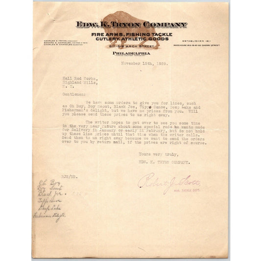 1929 Edw. K. Tryon Company Philadelphia Fire Arms Fishing Tackle Letterhead