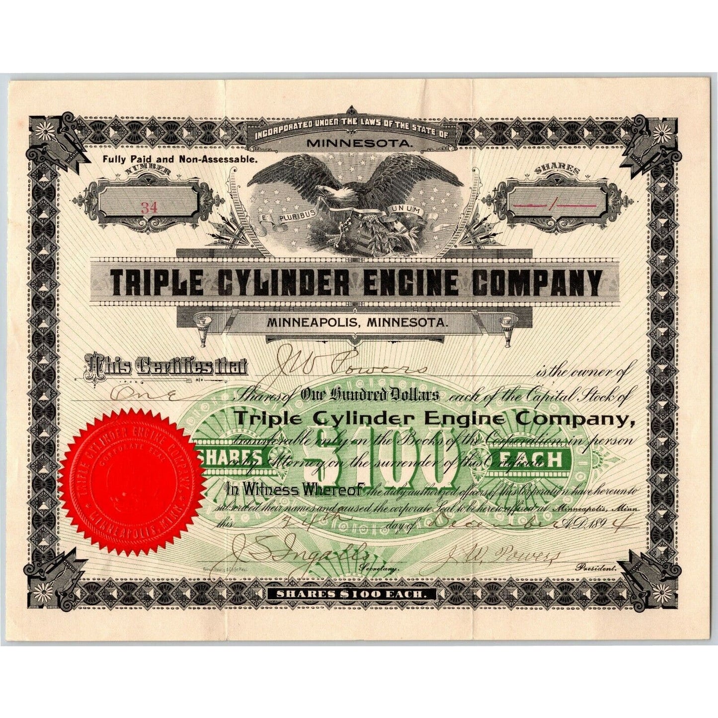 Scarce 1894 Stock Certificate "Triple Cylinder Engine Company" Minneapolis, MN