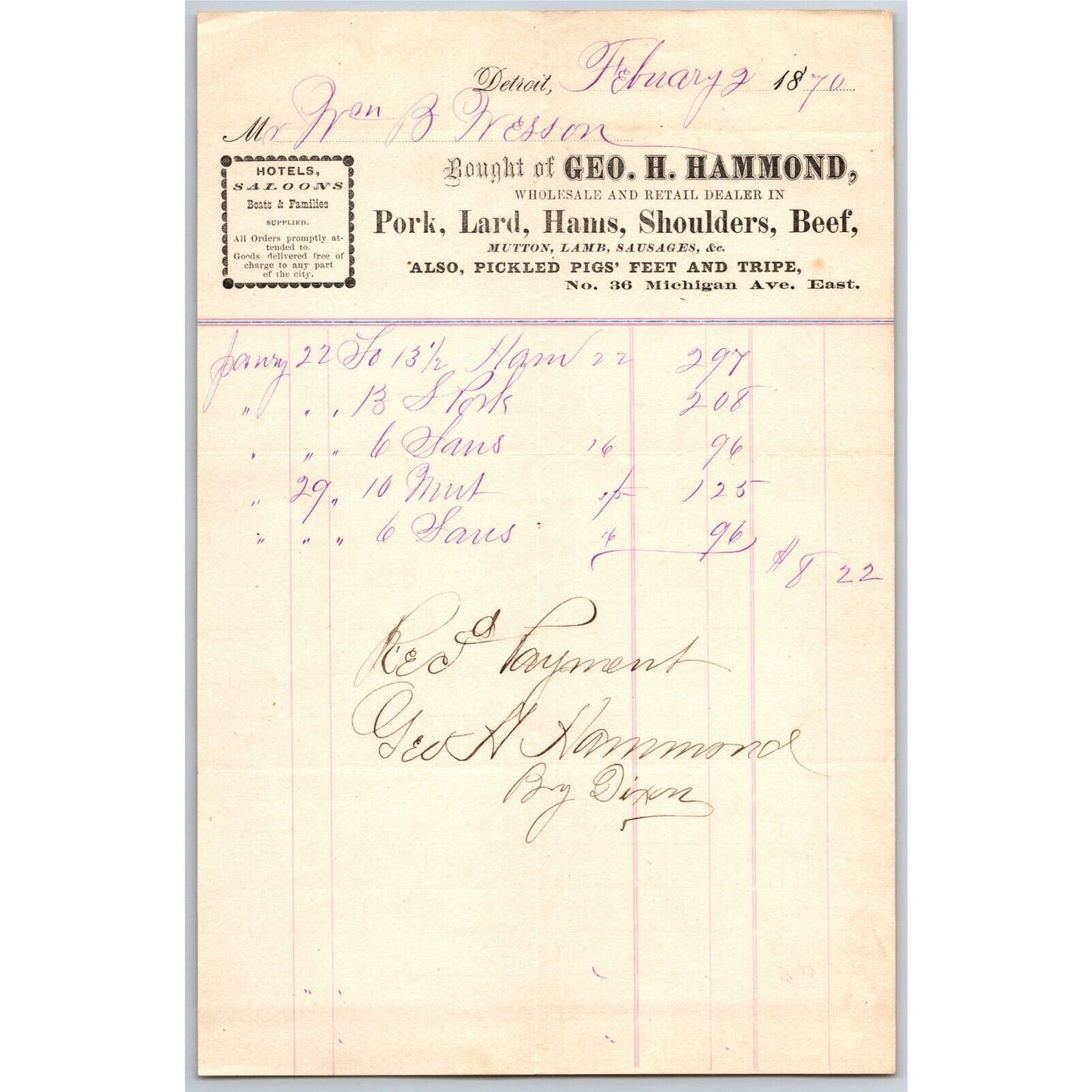 Detroit Letterhead Geo. H. Hammond Pork Lard Hams Beef Shoulders - 1870