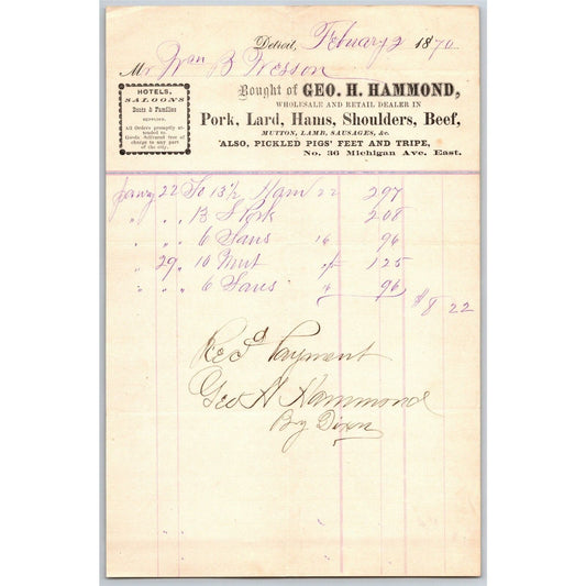 Detroit Letterhead Geo. H. Hammond Pork Lard Hams Beef Shoulders - 1870