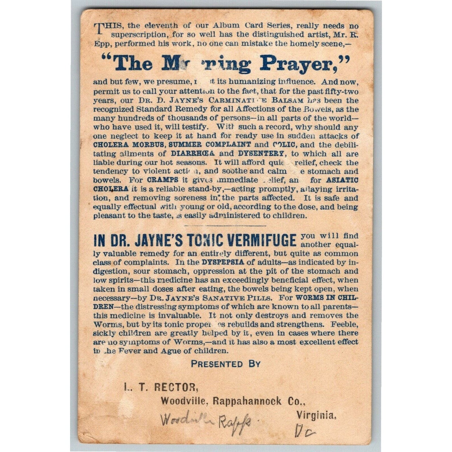 Dr. Jayne's Carminative Balm L. T. Rector, Woodville, VA Victorian Trade Card