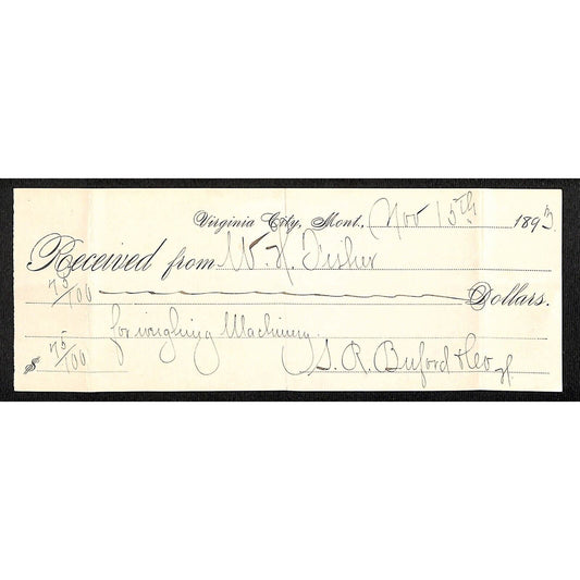 Virginia City Montana 1893 S.R. Buford (Signed) Payment Receipt for Weighing __?