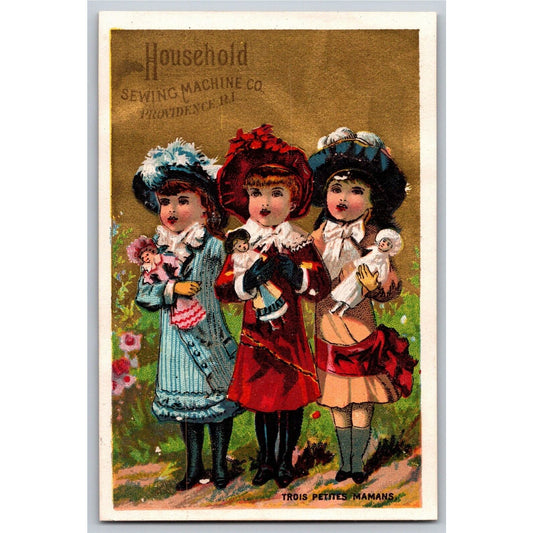 3 Girls in Fancy Dresses Hats Dolls "Trois Petites Mamans" Victorian Trade Card