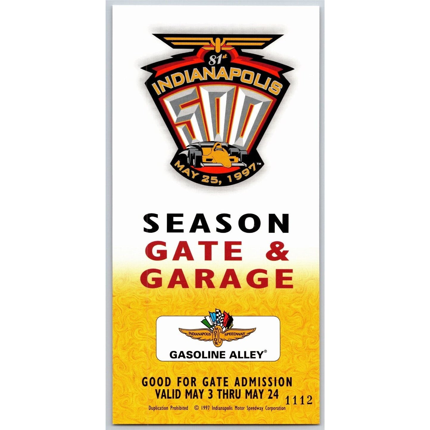 1997 Indy 500 Season Garage Gate Gasoline Alley Pass Indianapolis IMS VGC #1112