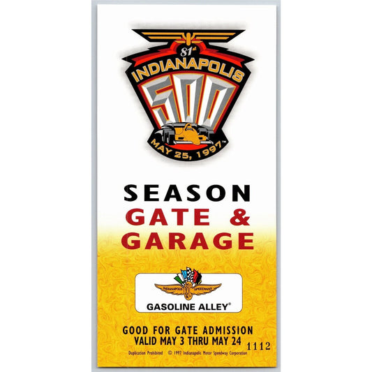 1997 Indy 500 Season Garage Gate Gasoline Alley Pass Indianapolis IMS VGC #1112
