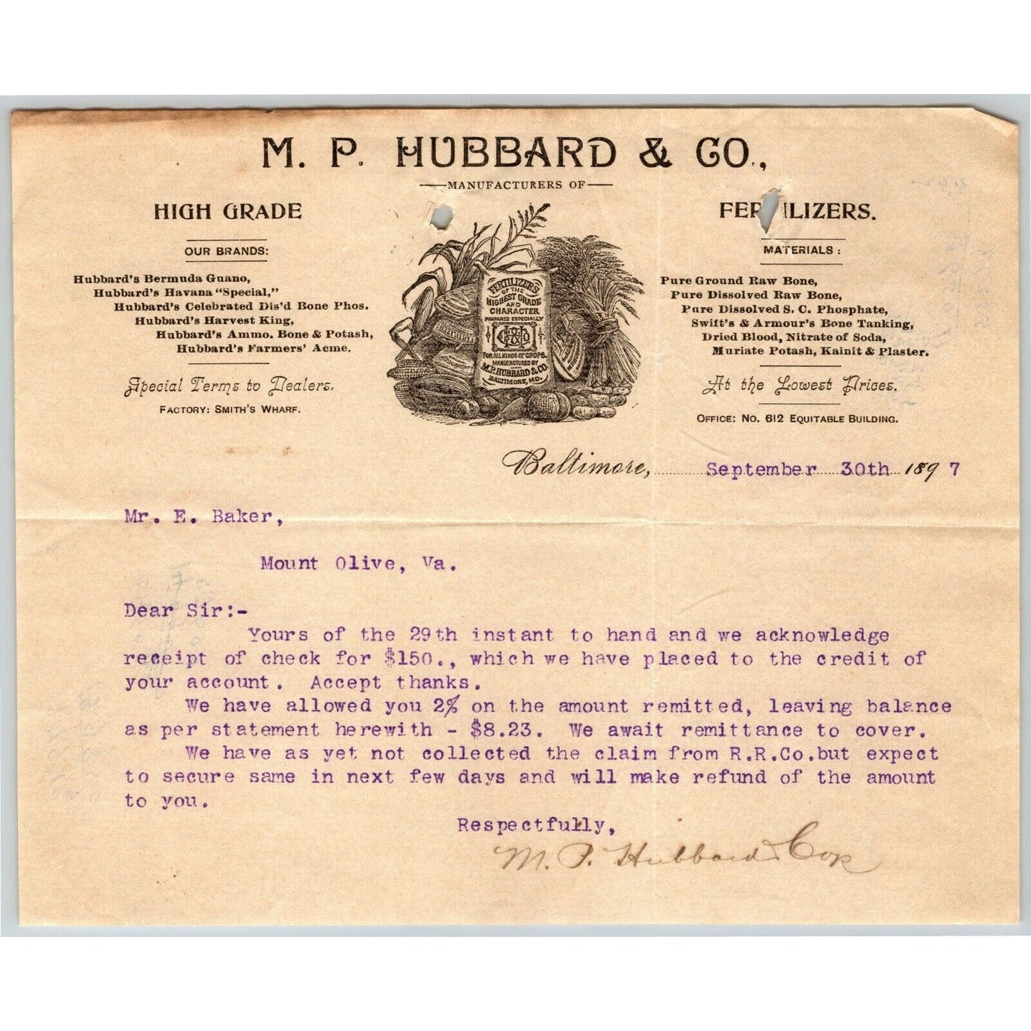 1897 Letterhead "M.P. Hubbard & Co" Fertilizers Baltimore Ephraim Baker*