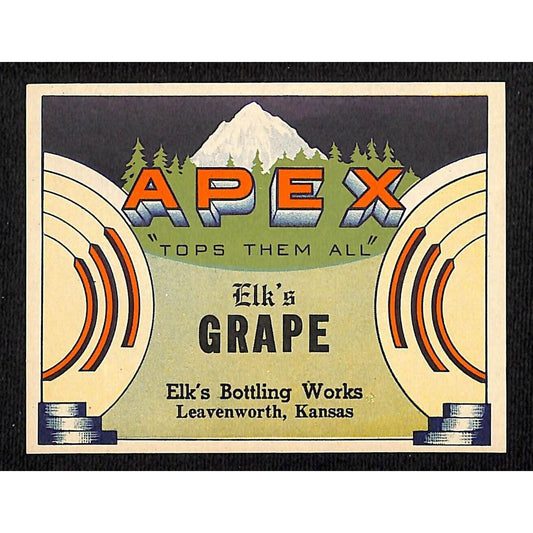 Apex Grape Soda Paper Label Elk's Bottling Works Leavenworth, KS c1930's