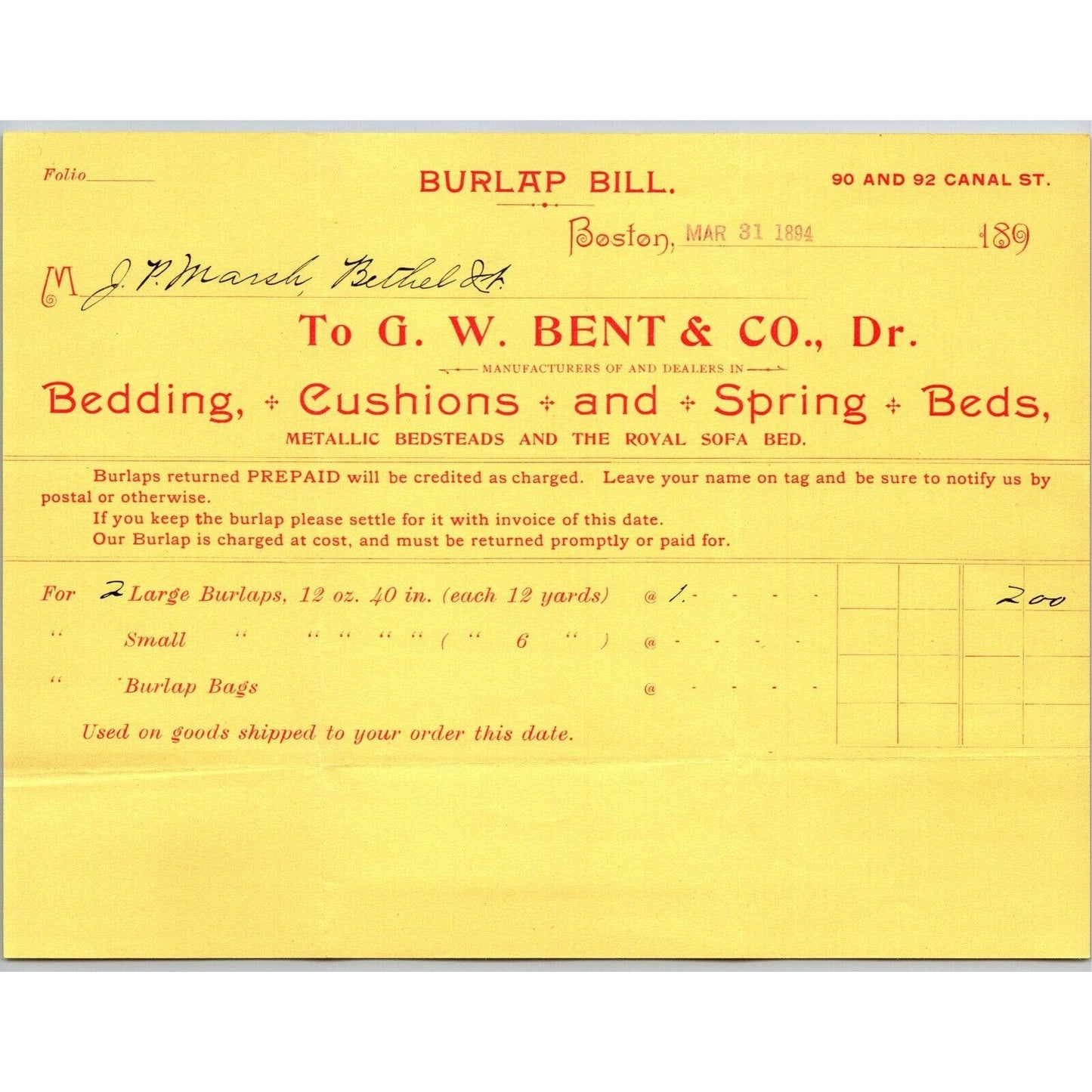Boston, MA G.W. Bent Bedding Cushions Spring Beds 1894 Billhead Scarce