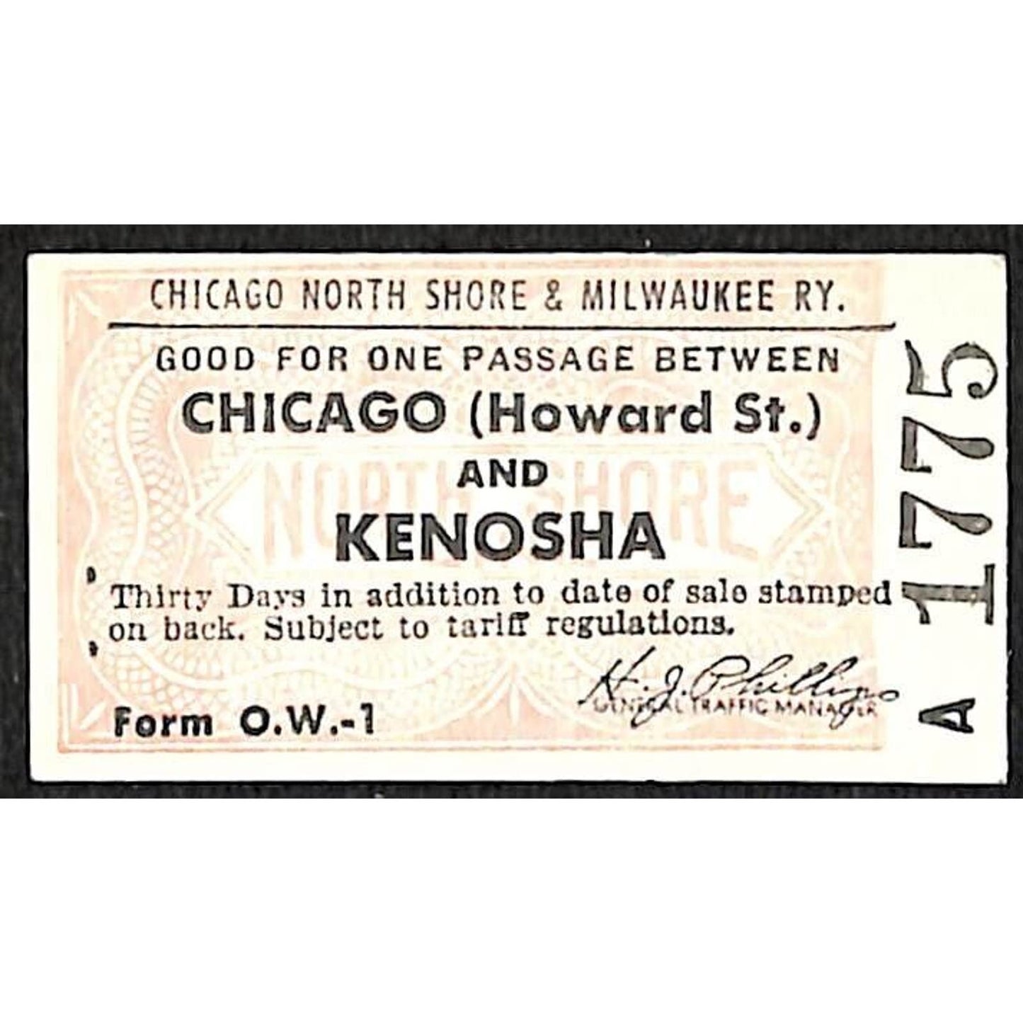 Chicago North Shore & Milwaukee RY Ticket c1947-50's Kenosha #1775