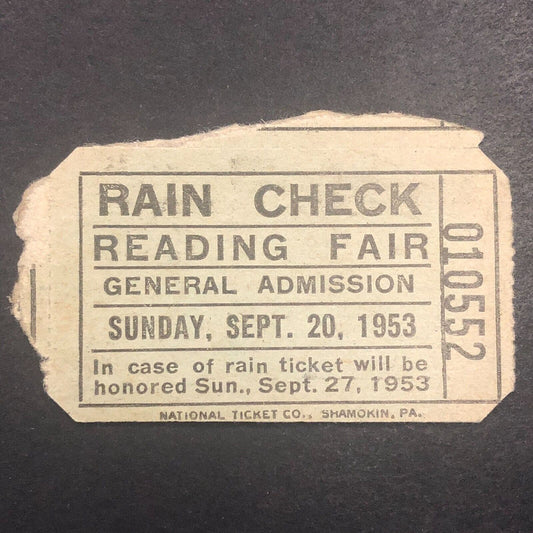 Auto Racing Rain Check Ticket 1953 Wally Campbell Reading Fair #10552