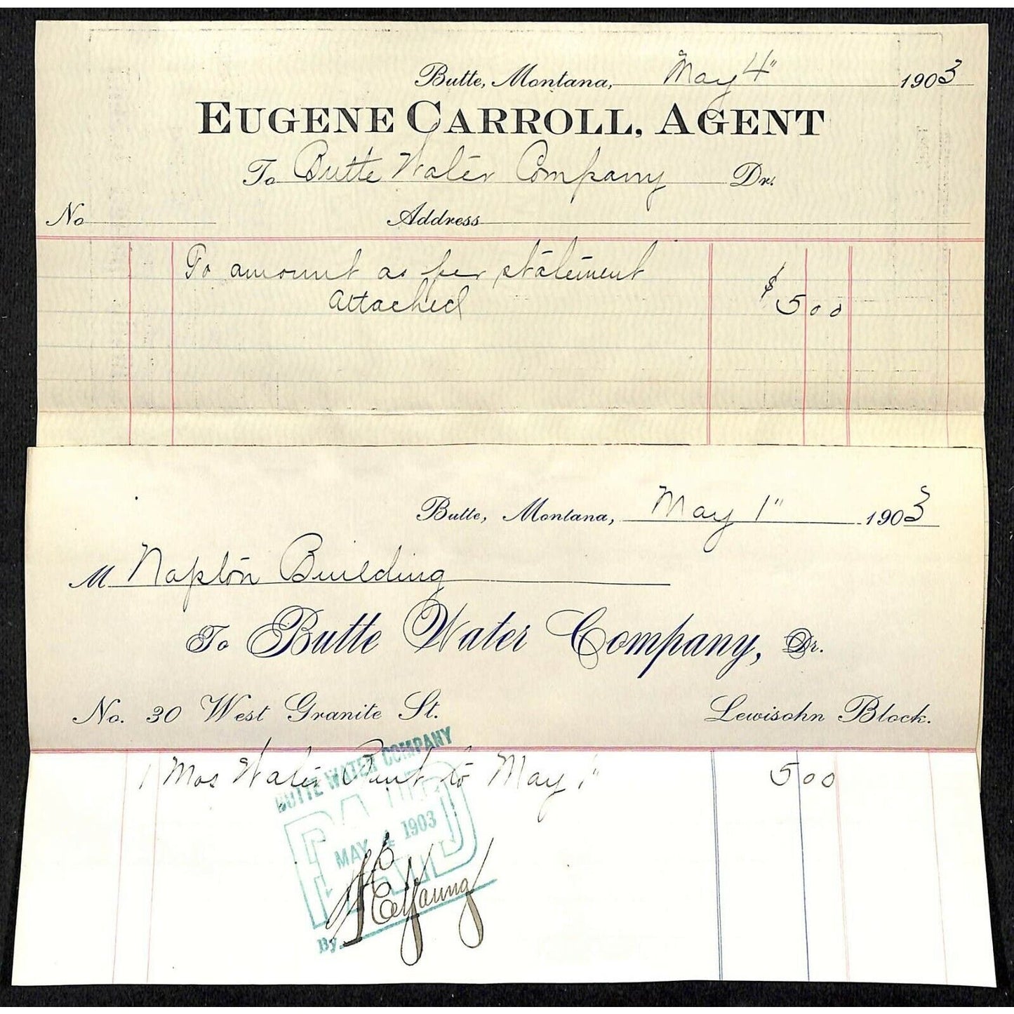 1903 Butte Water Company Billhead Butte, MT Eugene Carroll - "Naplin ? Building"