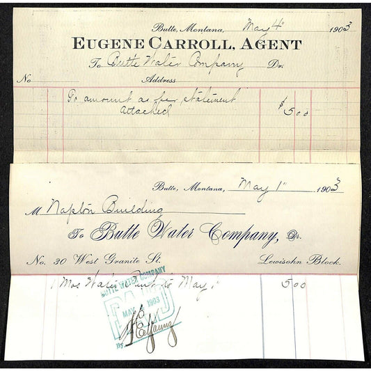 1903 Butte Water Company Billhead Butte, MT Eugene Carroll - "Naplin ? Building"