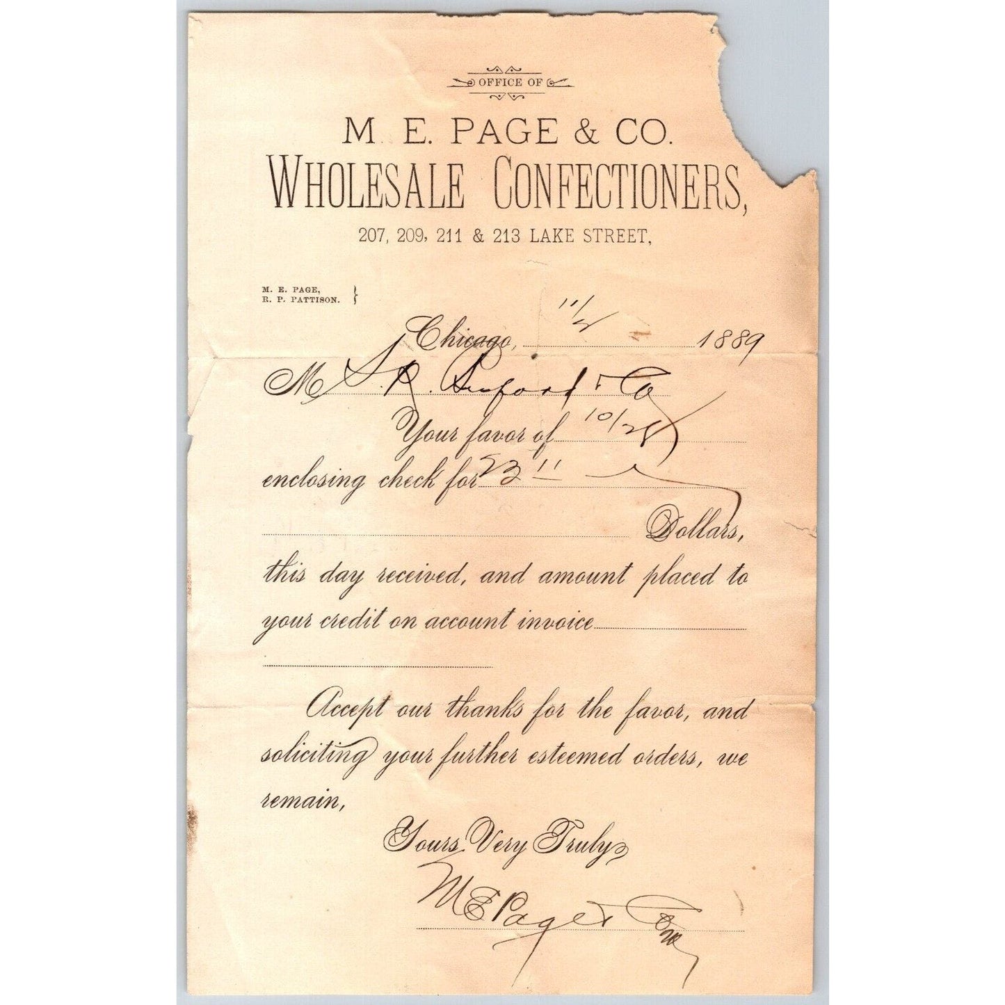 Chicago M.E. Page & Co. Wholesale Confectioners 1889 Billhead Receipt to Buford