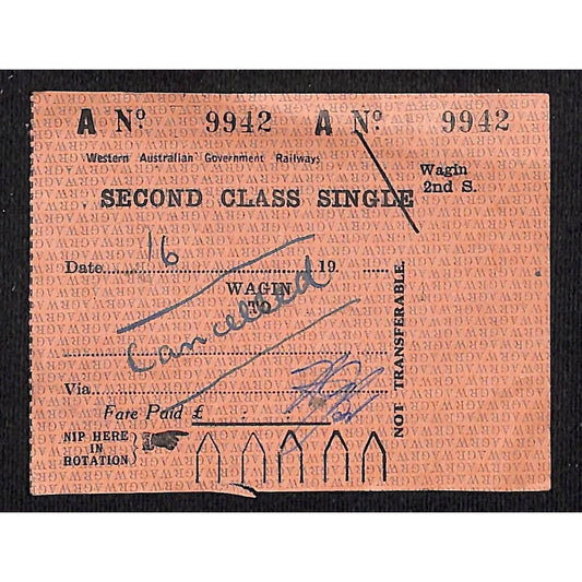 Western Australian Government Railways Second Class Ticket c1940's-50's