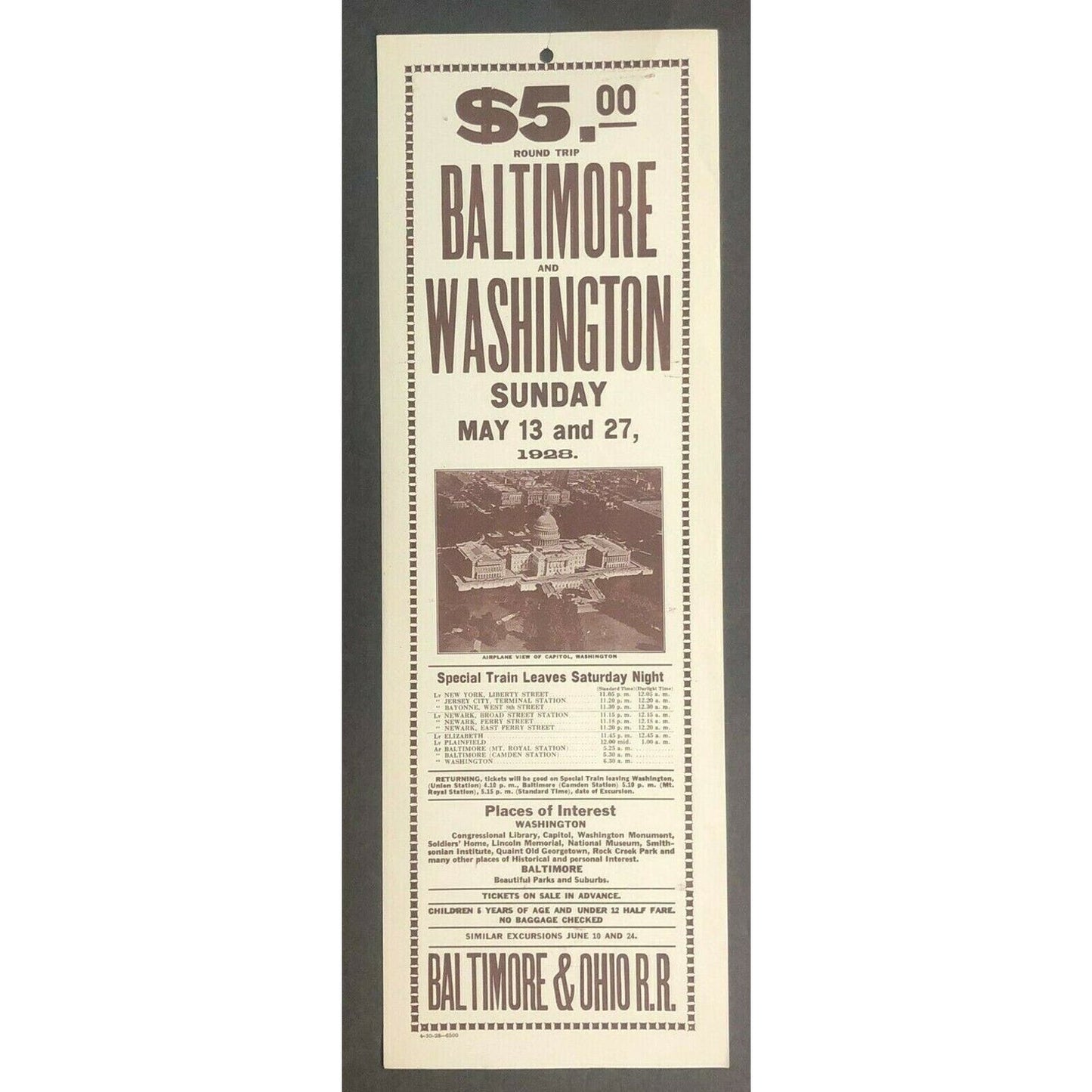 Vintage May 1928 Baltimore & Ohio Railroad Broadside Round Trip Washington, DC
