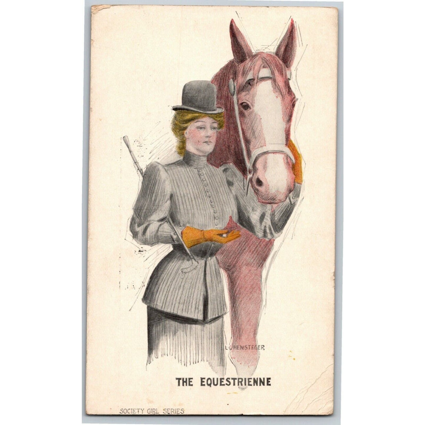 c1907 Vintage Society Girls Series "The Equestrienne" Signed Hemsteger Postcard
