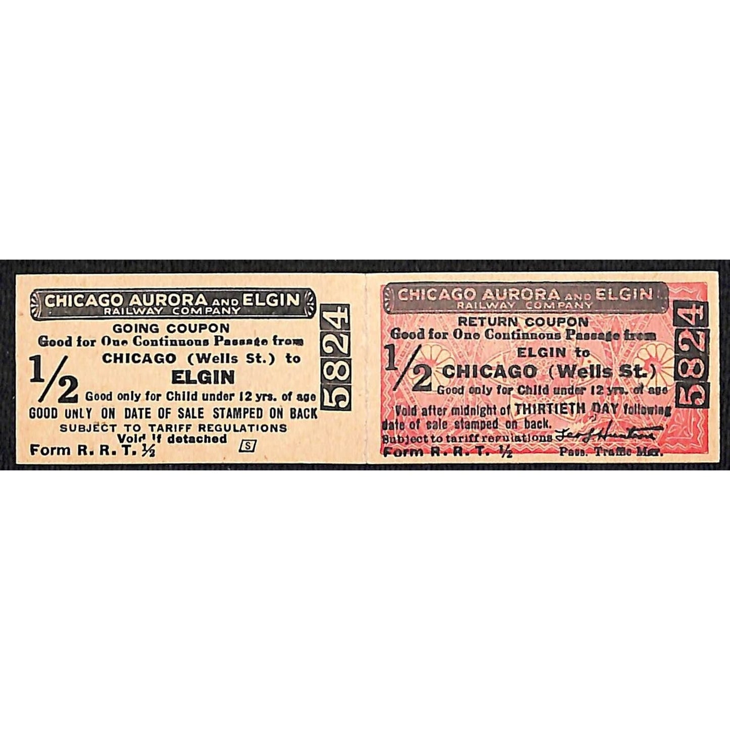 Chicago Aurora and Elgin 1902-57 2-way Attached Tickets "to / from Elgin" VGC