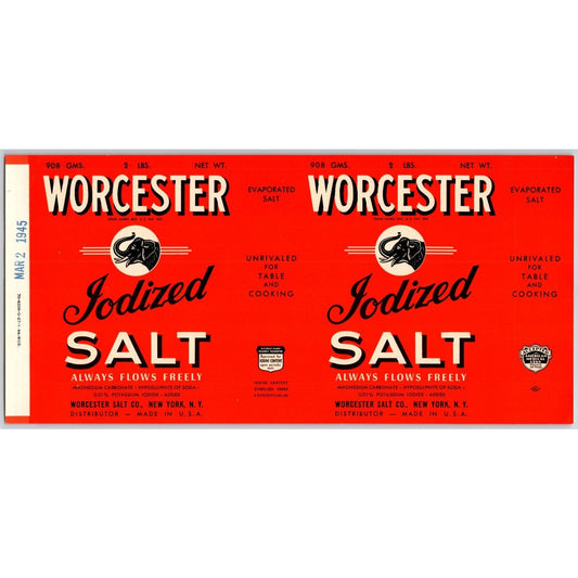 Worcester Iodized Salt Paper Label New York, NY 1945 w/ Elephant Scarce