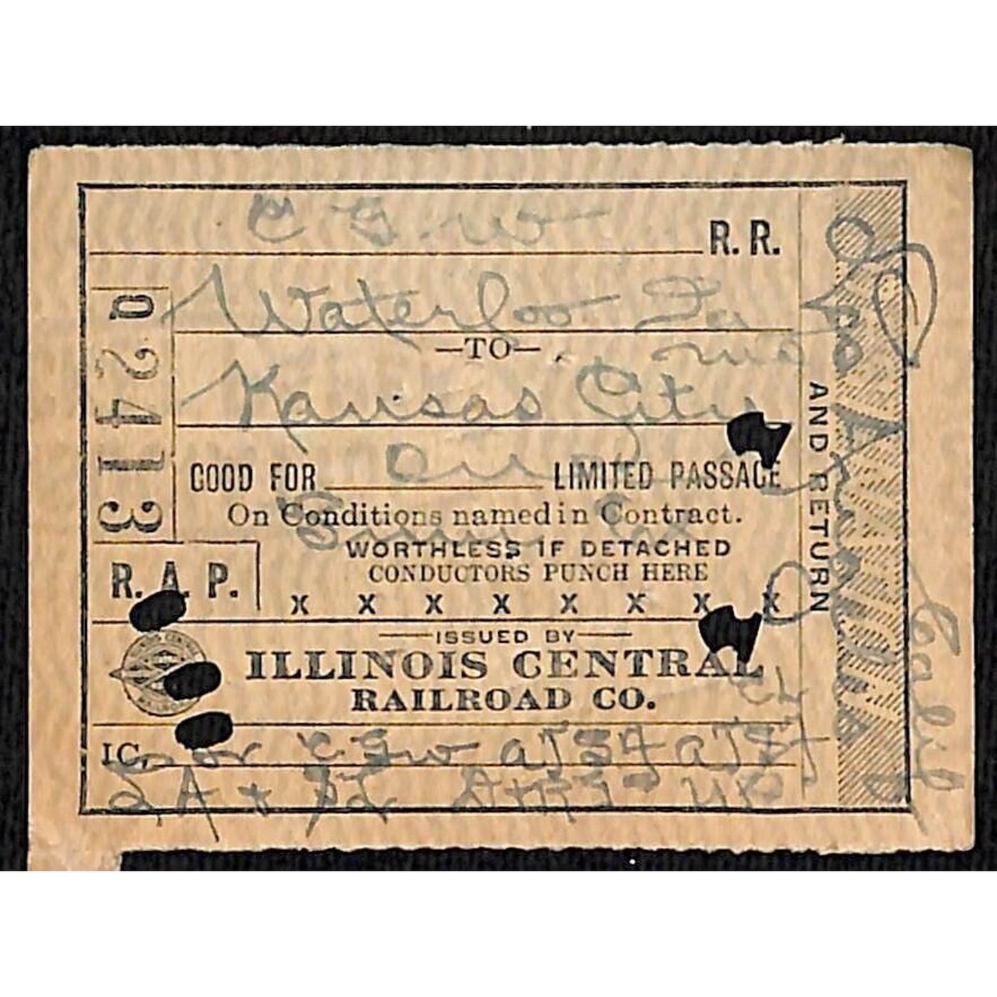 Illinois Central Railroad Ticket Waterloo Kansas City 1920 #2413