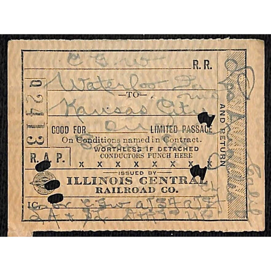 Illinois Central Railroad Ticket Waterloo Kansas City 1920 #2413