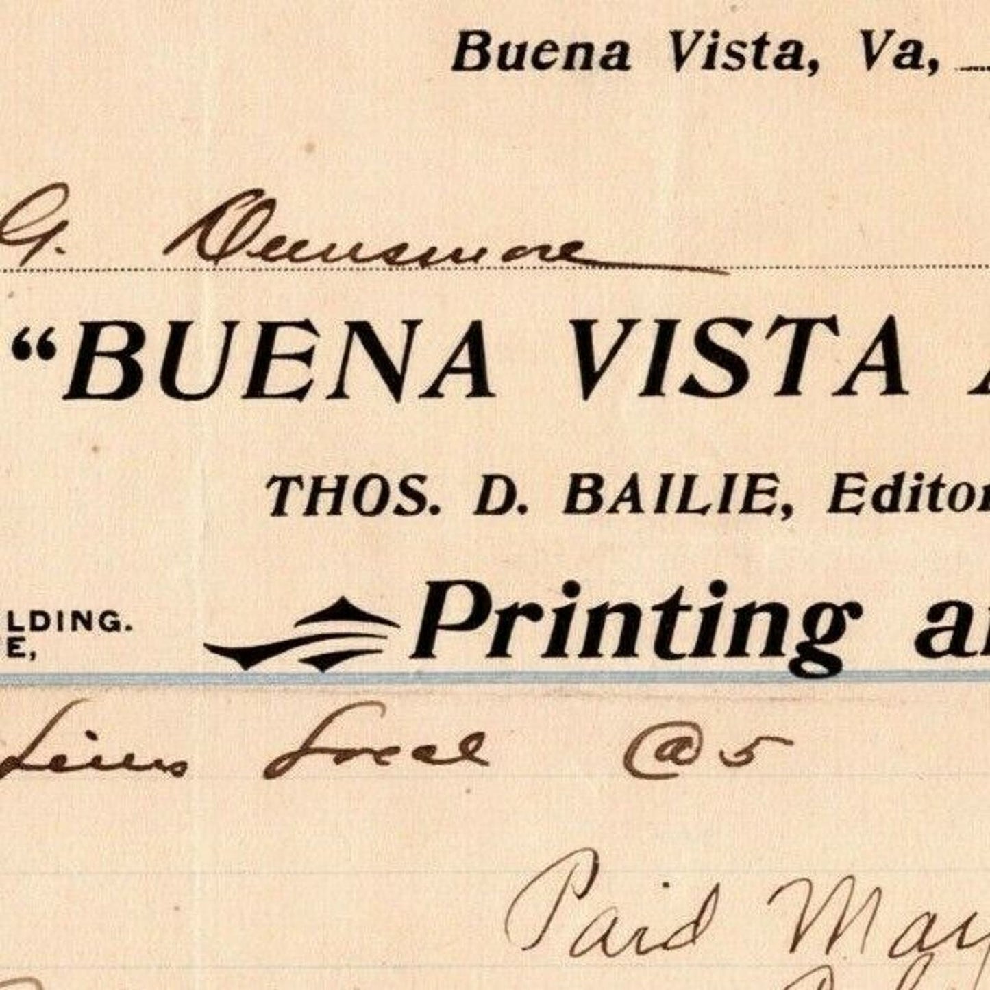 1901 Scarce Buena Vista Advocate Printing Publishing Billhead Letterhead VA