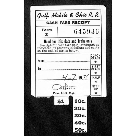 Gulf, Mobile and Ohio Railroad 1971 Cash Fare Receipt / Ticket #645936