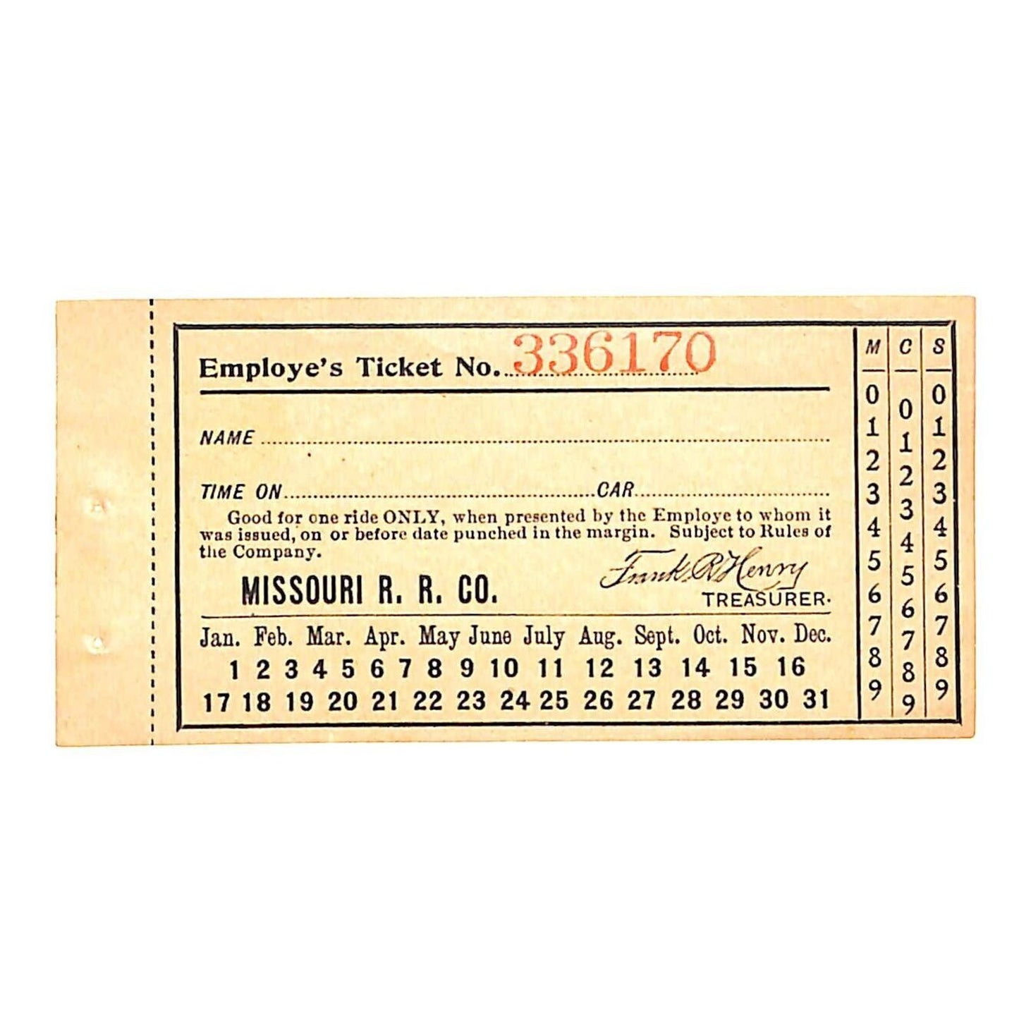 Missouri Railroad Unused Write-in Employe's Ticket #336170 VGC