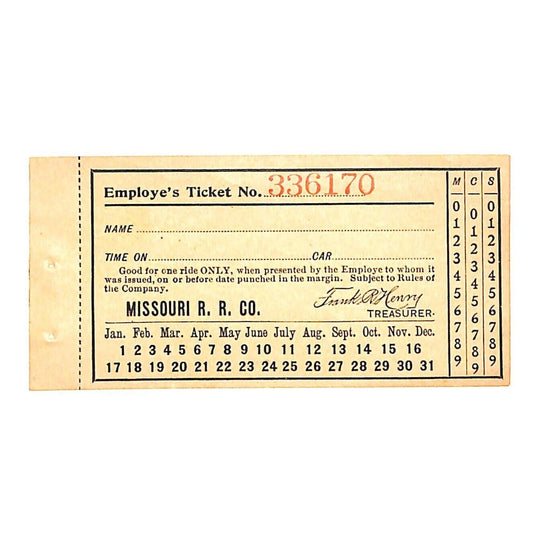 Missouri Railroad Unused Write-in Employe's Ticket #336170 VGC