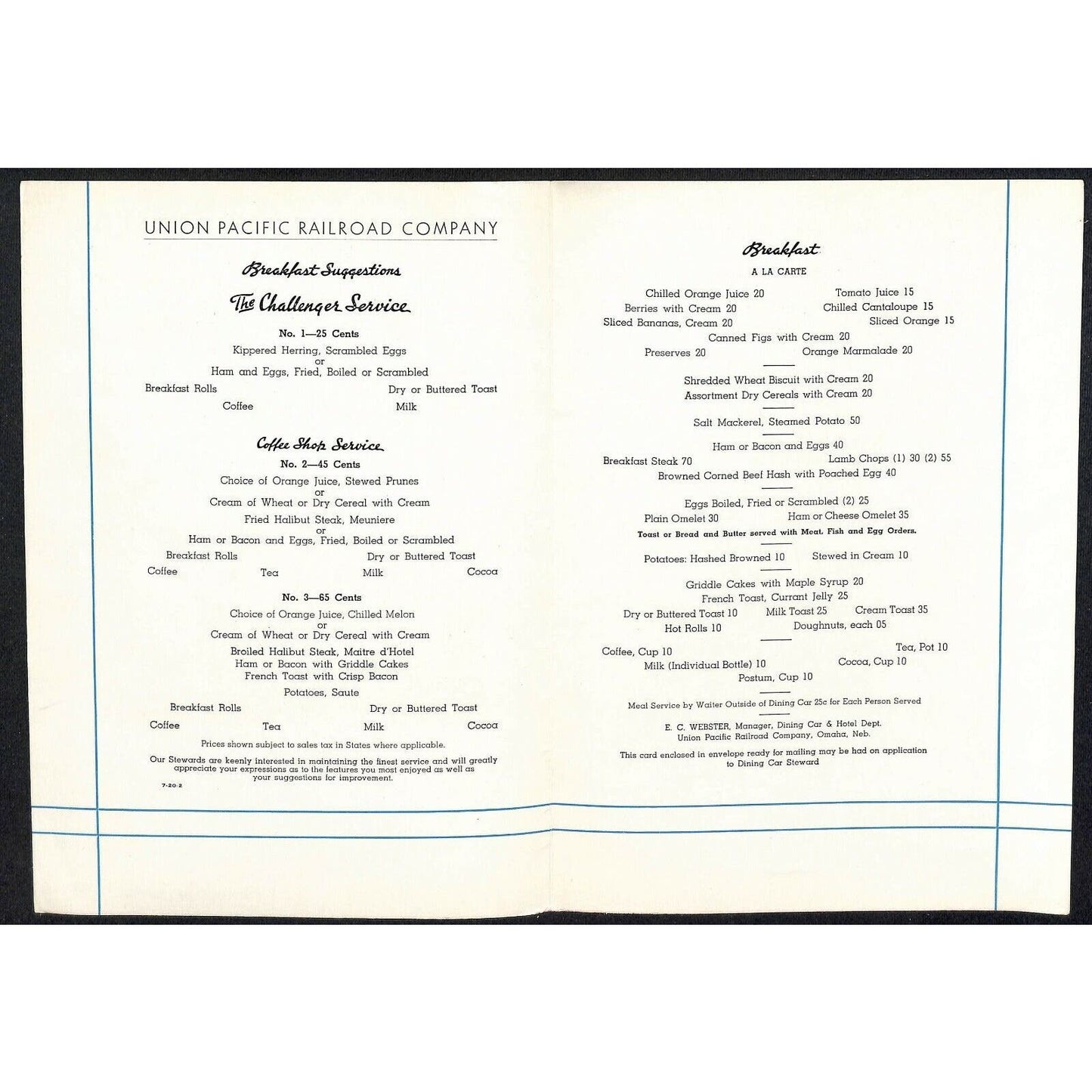 1935 Union Pacific Overland Railroad Breakfast Menu Southern CA Snowy Mountains